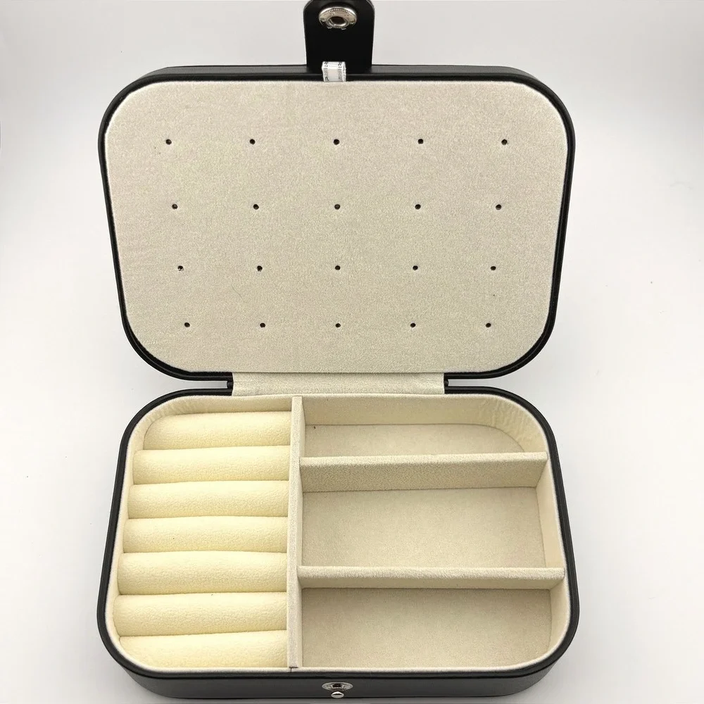 Black Faux Leather Travel Jewelry Box Organizer Case  Ring Rolls Cream‎ Lining